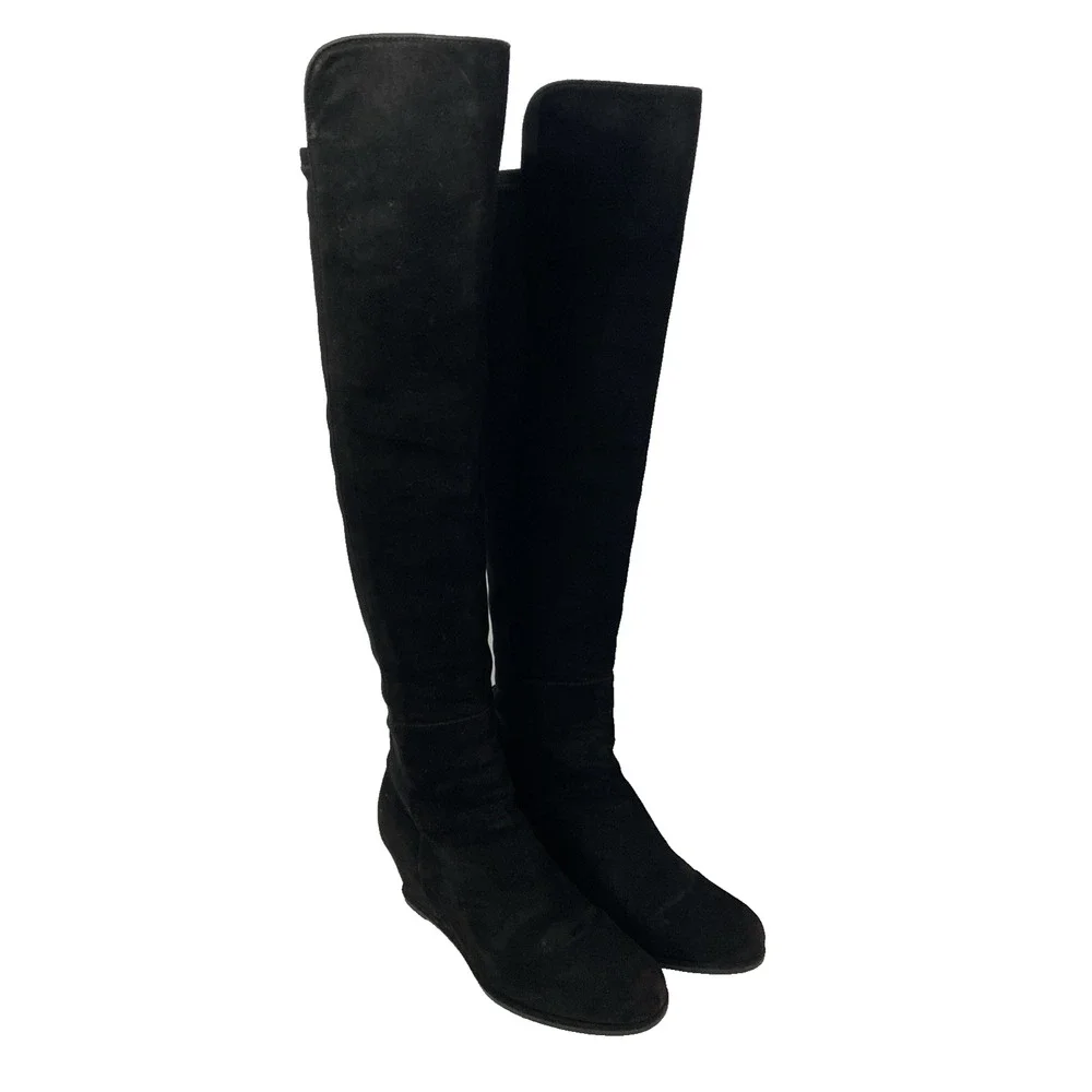 Stuart Weitzman Semi Boot Tall Stretch Back Suede Wedge Round Black OTK 5